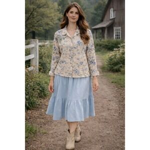 Cottagecore Boho Farm Y2K 80s Teddi Beige Blue Floral Button Front XL Jacket